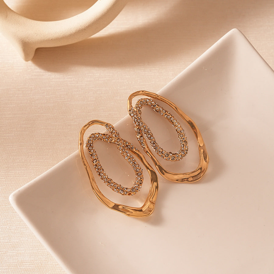 Gold-Toned Geometric Stud Earrings with Crystal Accents