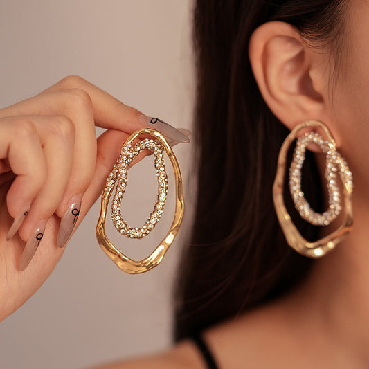Gold-Toned Geometric Stud Earrings with Crystal Accents
