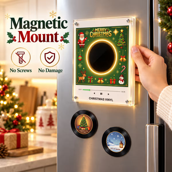 Christmas Vinyl Frame — Magnetic Fridge Music Player with Christmas Collectible Discs, LED Holiday Decor, Ideal Xmas Gift