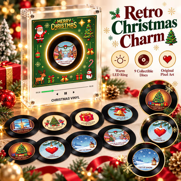 Christmas Vinyl Frame — Magnetic Fridge Music Player with Christmas Collectible Discs, LED Holiday Decor, Ideal Xmas Gift